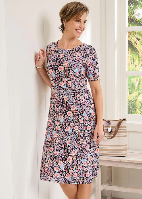 Cotton Traders Dark Blue Short Printed Jersey Dress - 22 Image 1