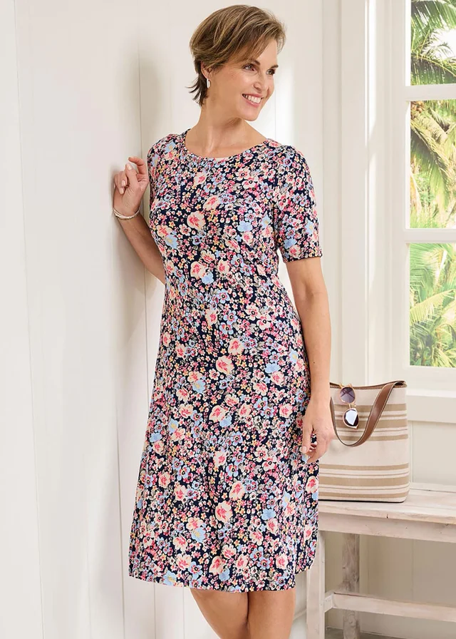 Cotton Traders Dark Blue Short Printed Jersey Dress