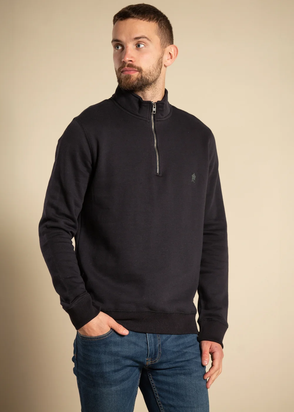 French Connection Navy Cotton Blend Half Zip Jumper - Small Image 1