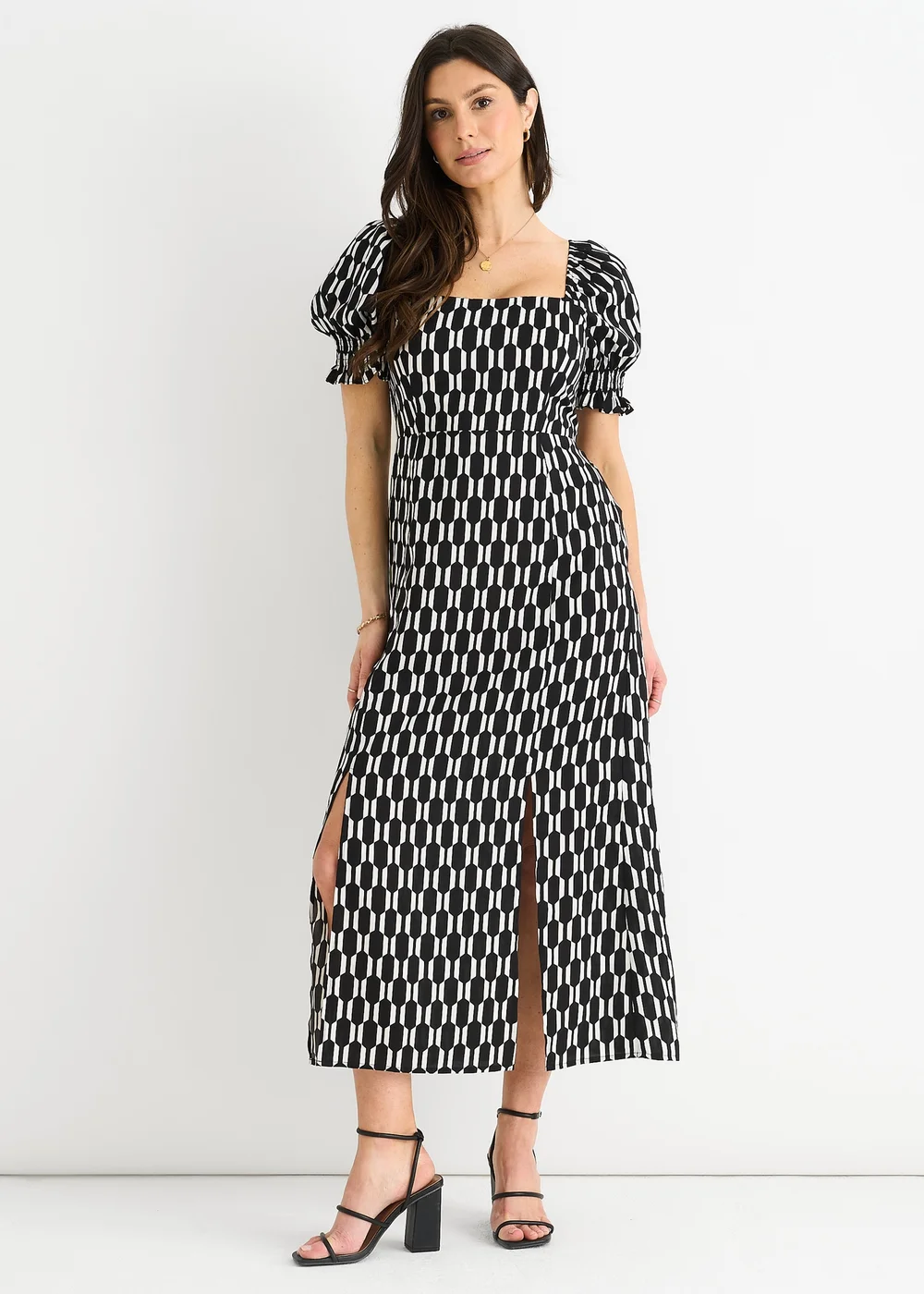 Gini London Black Geo Print Square Neck Midi Dress - Size 10 Image 1