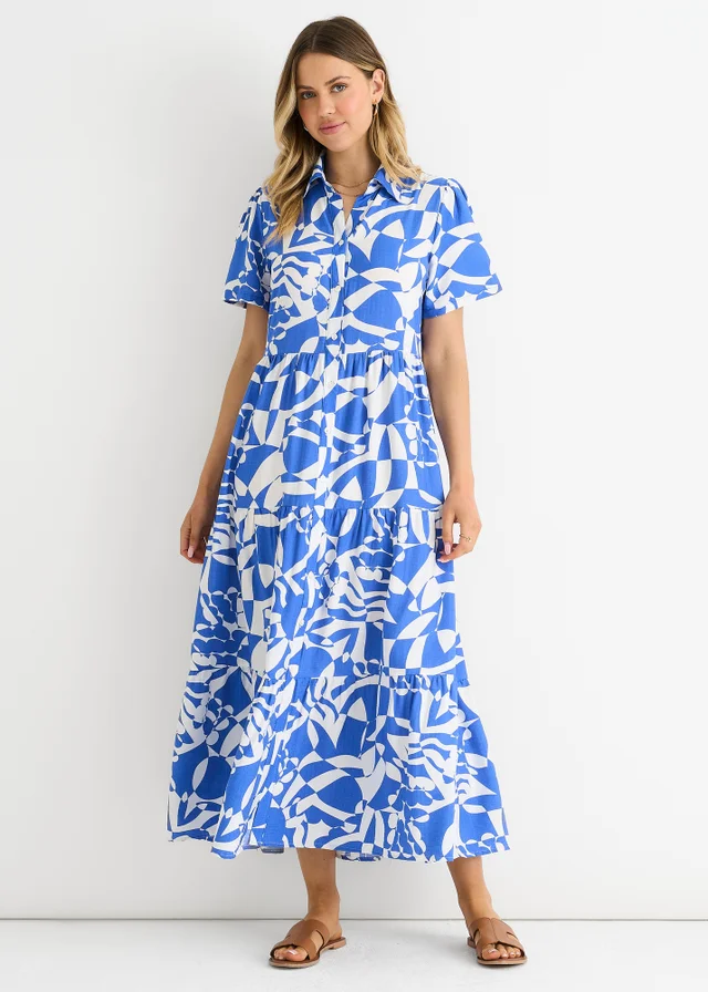 Gini London Blue Aztec Print Oversized Smock Midi Dress