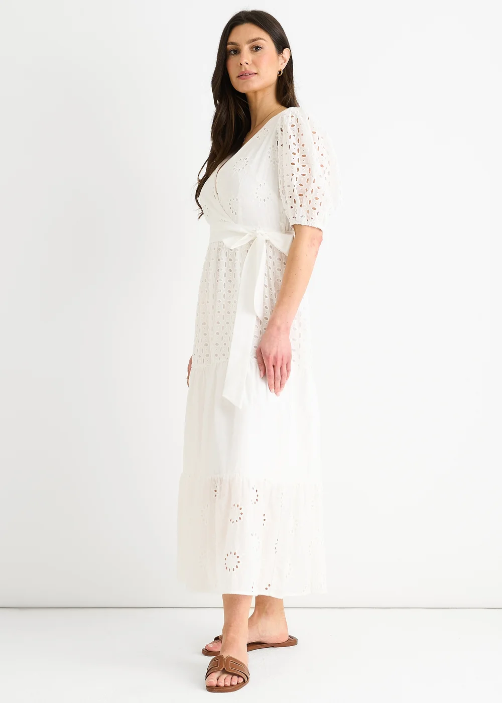 Gini London White Wrap Broderie Cotton Belted Midi Dress - 16 Image 4