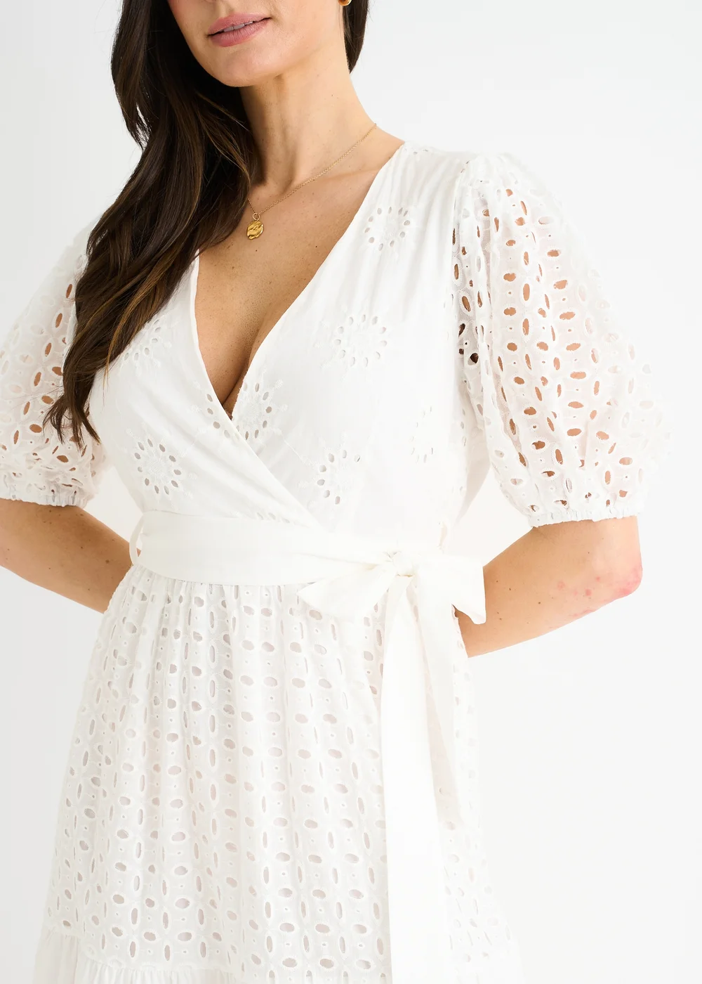 Gini London White Wrap Broderie Cotton Belted Midi Dress - 16 Image 3