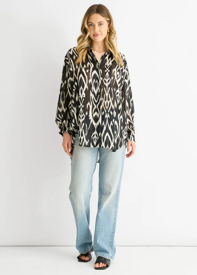 Gini London White Mono Abstract Print Oversized shirt