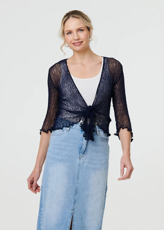 Izabel London Navy Sheer 3/4 Sleeve Open Front Cardigan