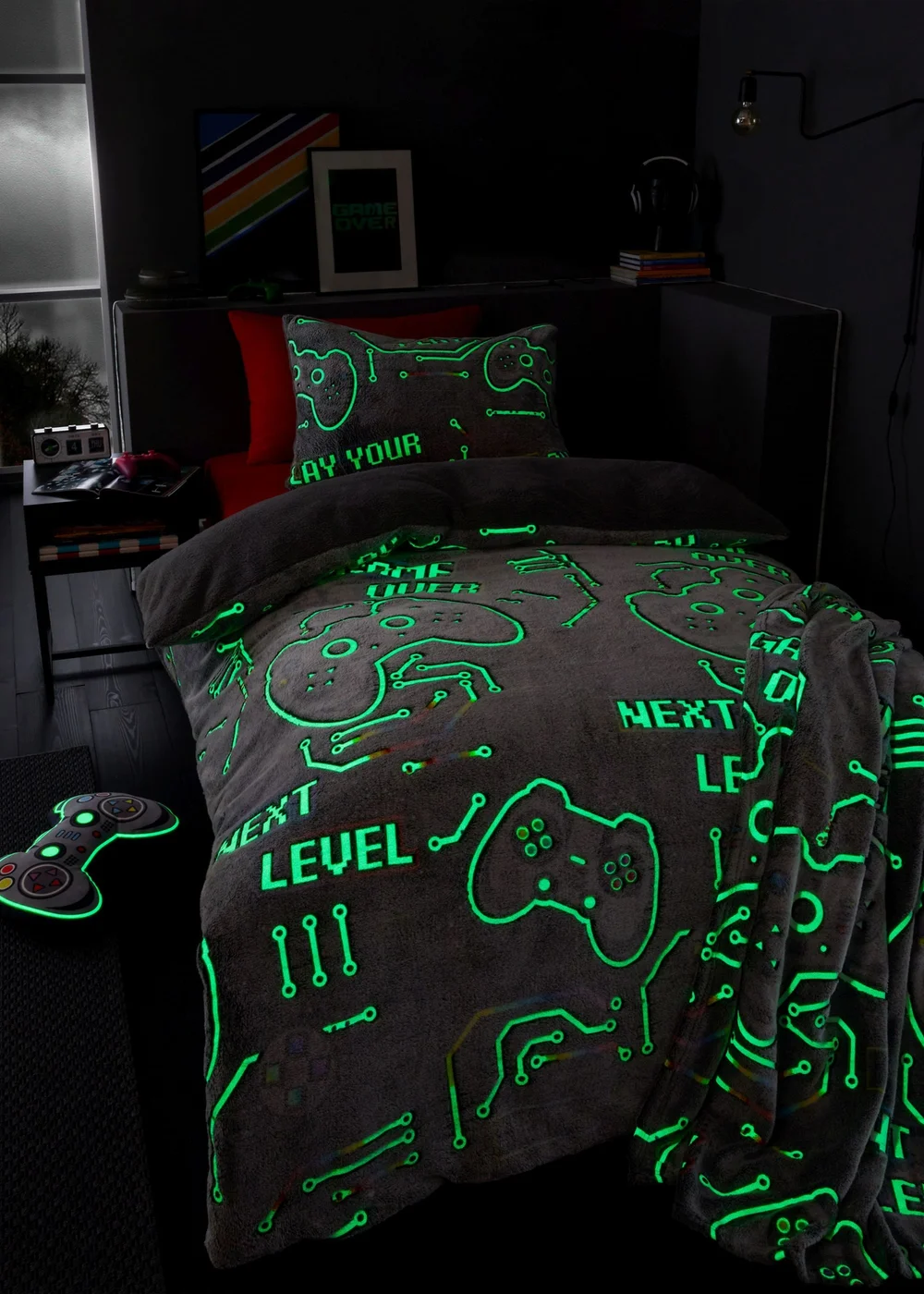Catherine Lansfield Game Over Glow in the Black Fleece Duvet Cover Set - Single Image 2