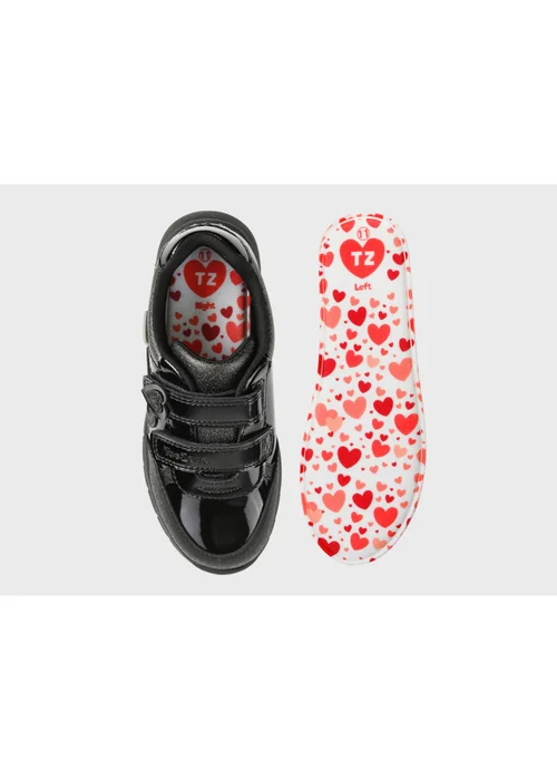 ToeZone Girls Black Isla Patent Heart Rip Tape School Shoes - Size 12 Infants Image 4