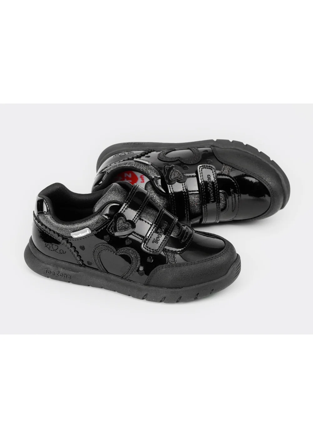ToeZone Girls Black Isla Patent Heart Rip Tape School Shoes - Size 12 Infants Image 2