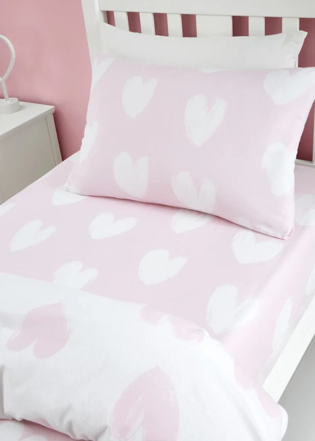 Catherine Lansfield Brushed Cotton Hearts Pink White Fitted Sheet
