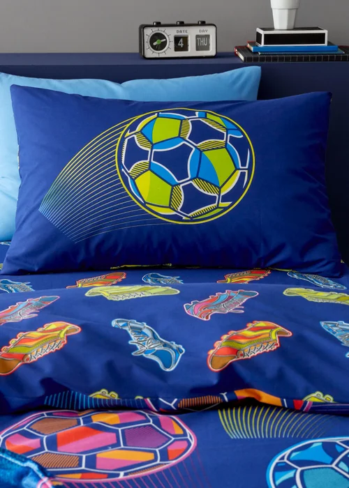 Catherine Lansfield Bright Football Reversible Duvet Cover Set Navy Blue - Single Image 3