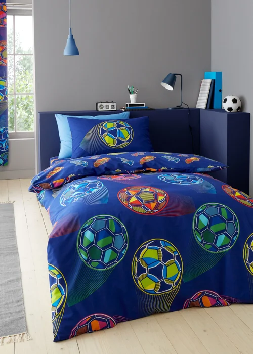 Catherine Lansfield Bright Football Reversible Duvet Cover Set Navy Blue - Single Image 1