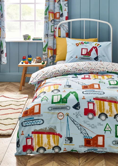 Catherine Lansfield Kids Digger Dreams Reversible Duvet Cover Set Blue - Junior Image 1