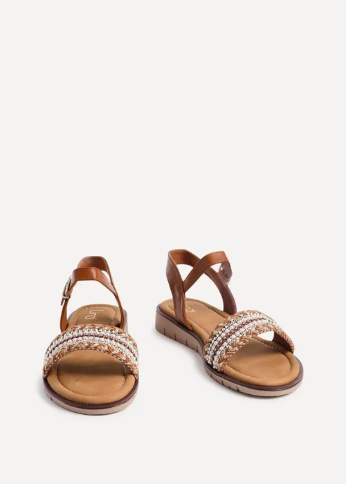 Linzi Halo Tan Weaved Embellished Flat Sandals - Size 4 Image 3