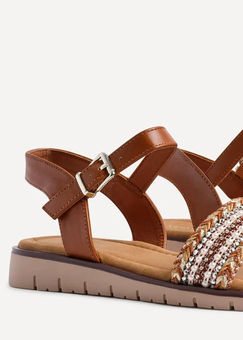 Linzi Halo Tan Weaved Embellished Flat Sandals - Size 4 Image 4