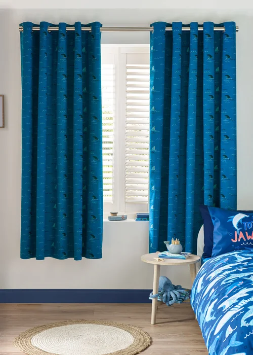Catherine Lansfield Kids Jawsome Shark Fully Reversible Eyelet Curtain Navy Blue - 66W X 72D (168x183cm) Image 3