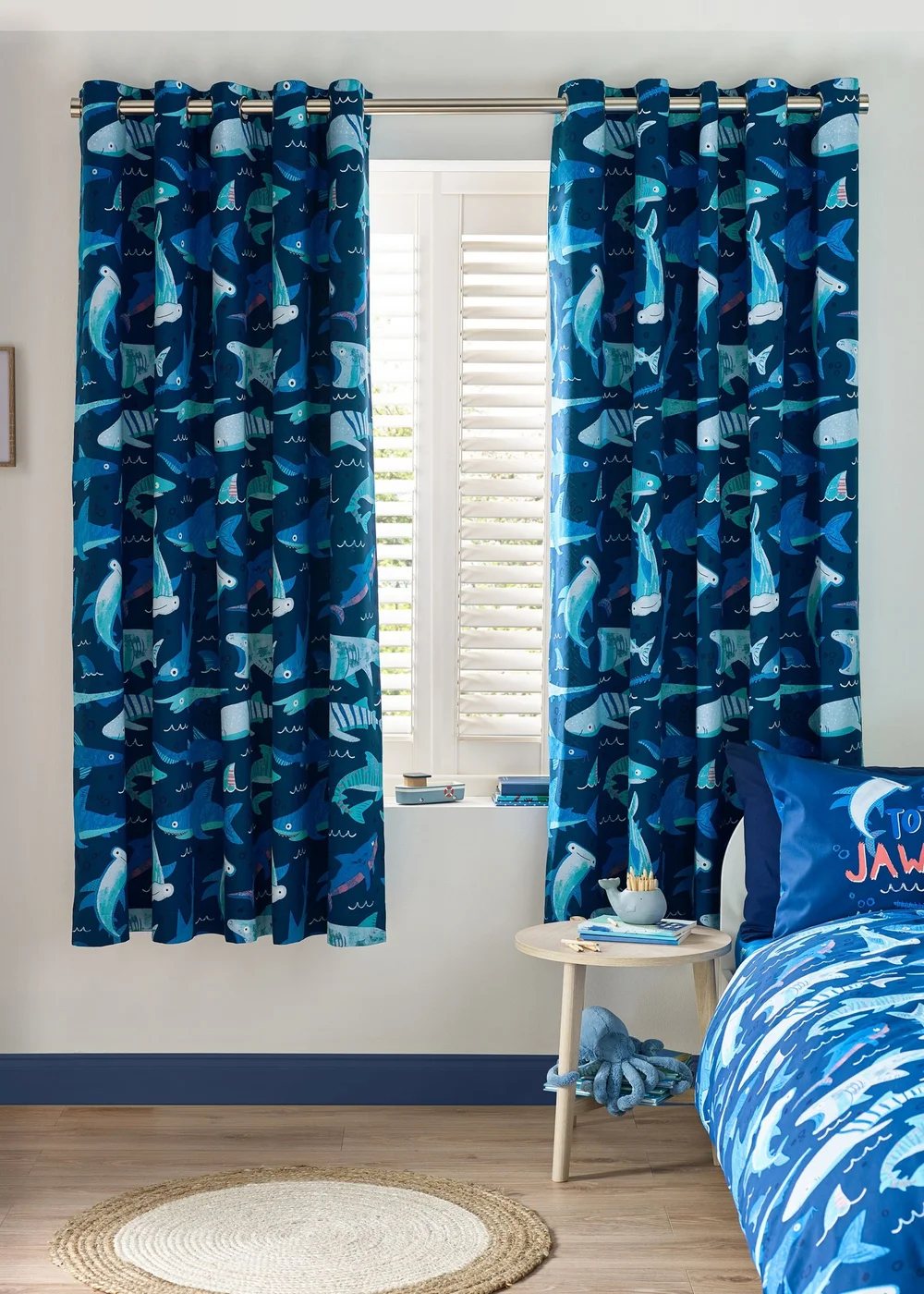 Catherine Lansfield Kids Jawsome Shark Fully Reversible Eyelet Curtain Navy Blue - 66W X 72D (168x183cm) Image 2