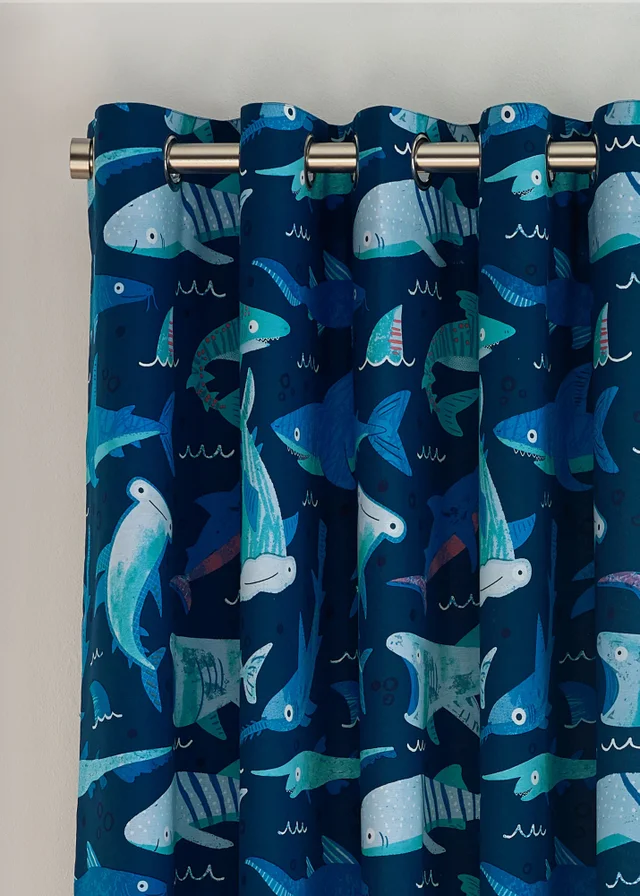 Catherine Lansfield Kids Jawsome Shark Fully Reversible Eyelet Curtain Navy Blue