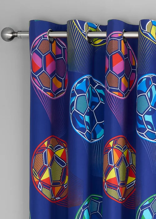 Catherine Lansfield Bright Football Fully Reversible Eyelet Curtains Navy Blue - 66W X 72D (168x183cm) Image 1