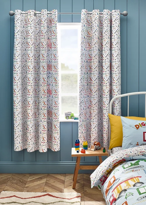 Catherine Lansfield Kids Digger Dreams Fully Reversible Eyelet Curtains Blue - 66W X 72D (168x183cm) Image 3