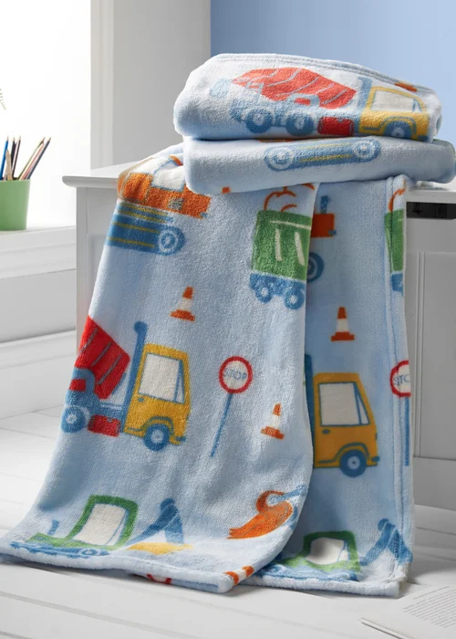 Catherine Lansfield Kids Digger Dreams Cosy Blue Fleece Blanket Throw - One Size Image 1