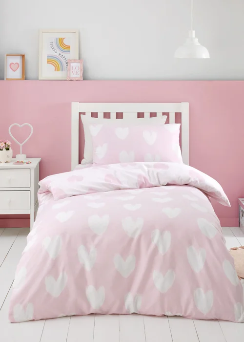 Catherine Lansfield Brushed Cotton Hearts Reversible Double Duvet Cover Set Pink - Junior Image 1
