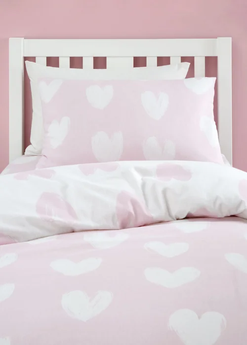 Catherine Lansfield Brushed Cotton Hearts Reversible Double Duvet Cover Set Pink - Junior Image 3
