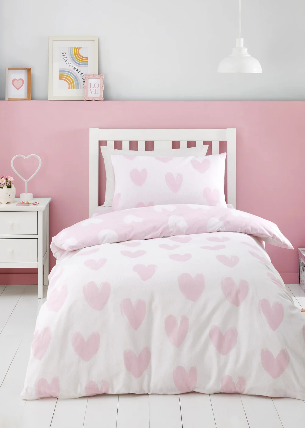 Catherine Lansfield Brushed Cotton Hearts Reversible Double Duvet Cover Set Pink - Junior Image 2