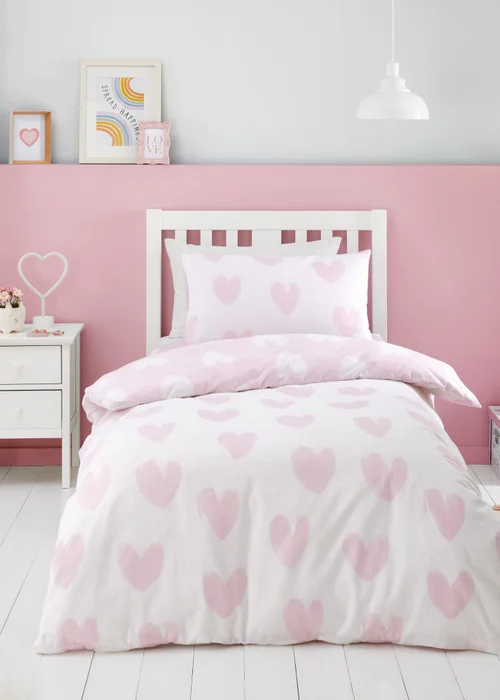 Catherine Lansfield Brushed Cotton Hearts Reversible Double Duvet Cover Set Pink - Junior Image 2