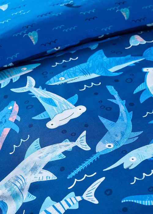 Catherine Lansfield Kids Jawsome Shark Reversible Duvet Cover Set Navy Blue - Junior Image 4