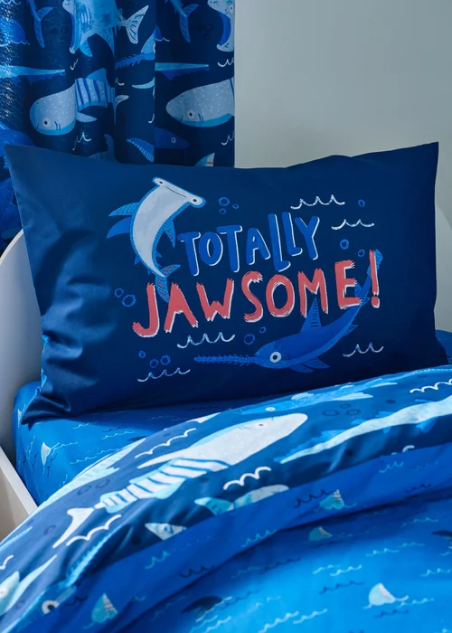 Catherine Lansfield Kids Jawsome Shark Reversible Duvet Cover Set Navy Blue - Junior Image 3