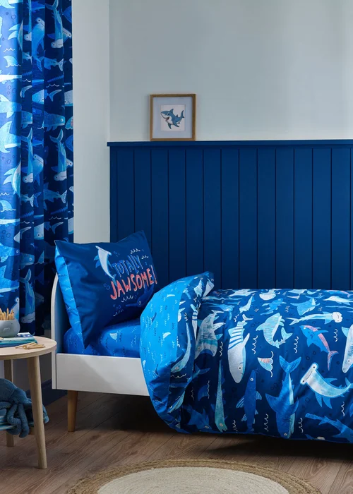 Catherine Lansfield Kids Jawsome Shark Reversible Duvet Cover Set Navy Blue - Junior Image 1