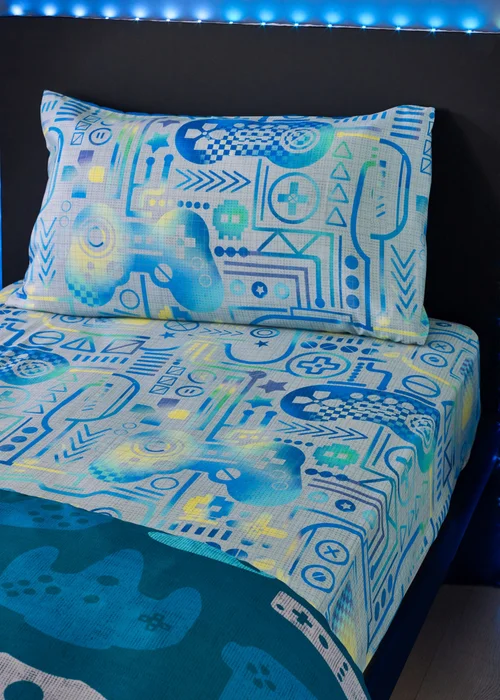 Catherine Lansfield Kids Gamer So Soft Grey Blue Fitted Sheet - Single Image 1