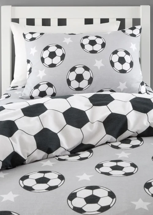 Catherine Lansfield Grey Brushed Cotton Football Stars Reversible Duvet Cover Set - Junior Image 3