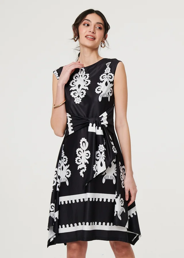 Izabel London Black & White Ikat Print Tie Front Knee Length Dress
