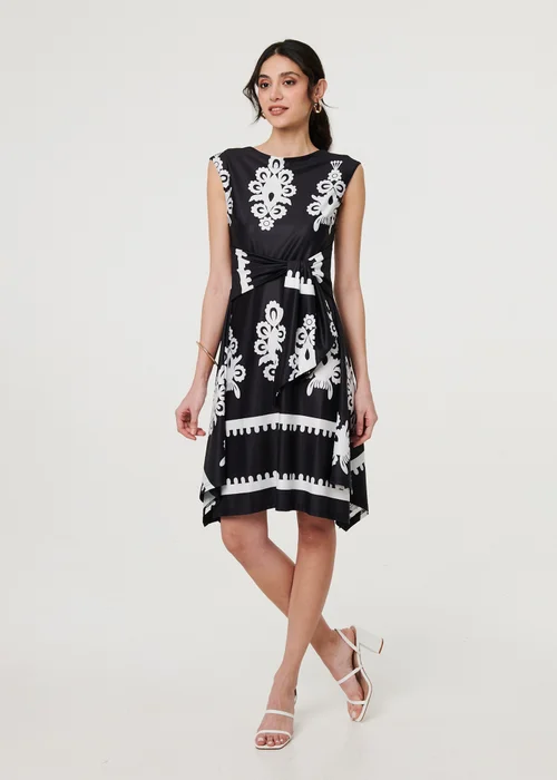 Izabel London Black & White Ikat Print Tie Front Knee Length Dress - 10 Image 4