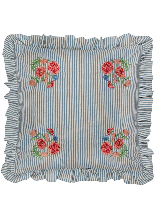 Wylder Martha Ruffle Embroidered Ruffle Blue Cushion (50 x 50 x 8 cm)