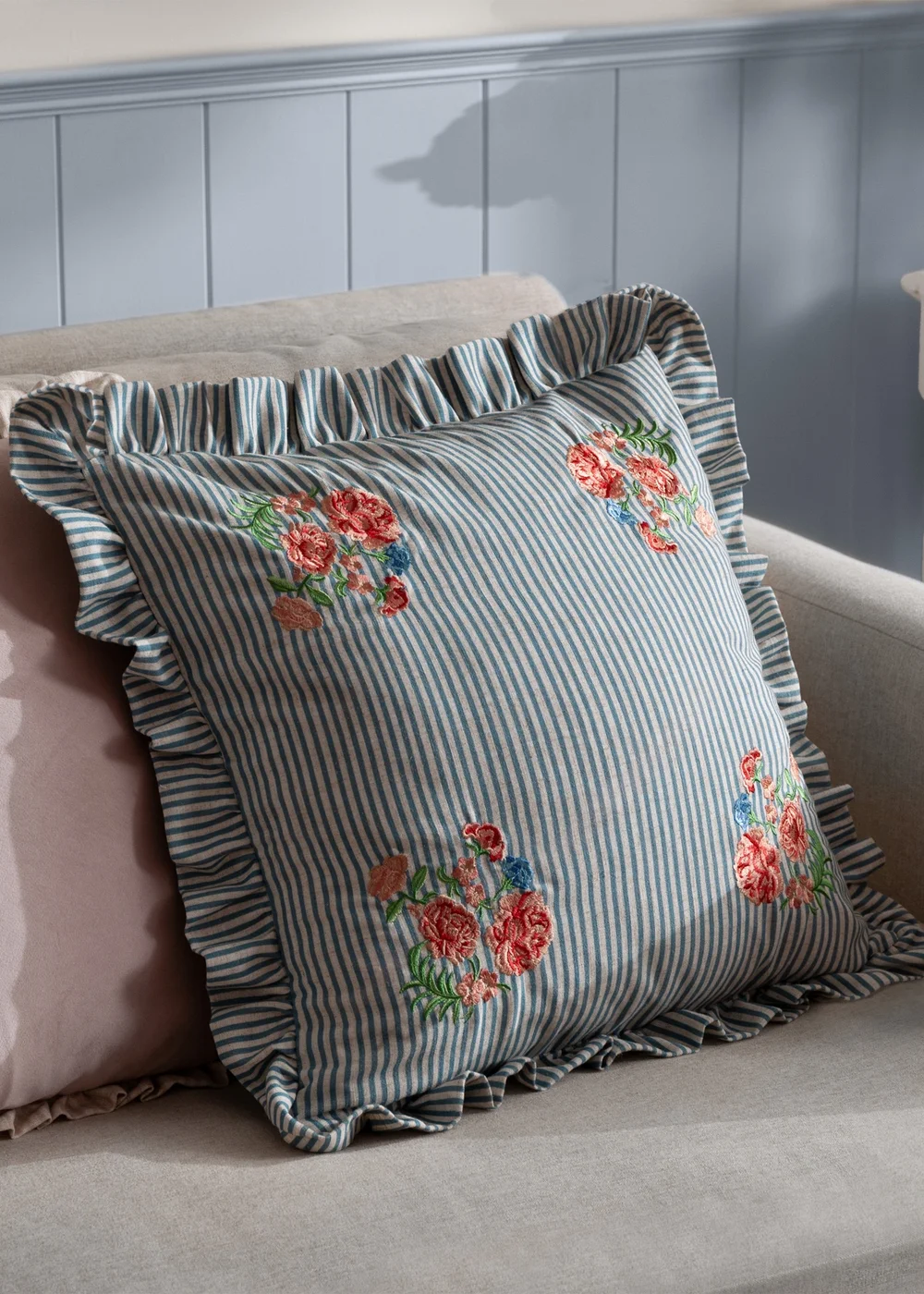 Wylder Martha Ruffle Embroidered Ruffle Blue Cushion (50 x 50 x 8 cm) - One Size Image 1