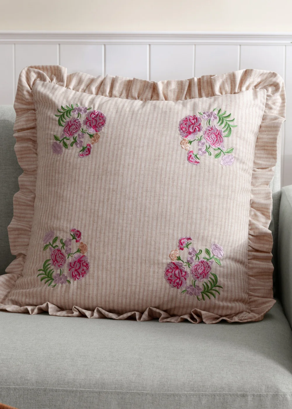 Wylder Martha Ruffle Embroidered Ruffle Pink Cushion (50 x 50 x 8 cm) - One Size Image 1