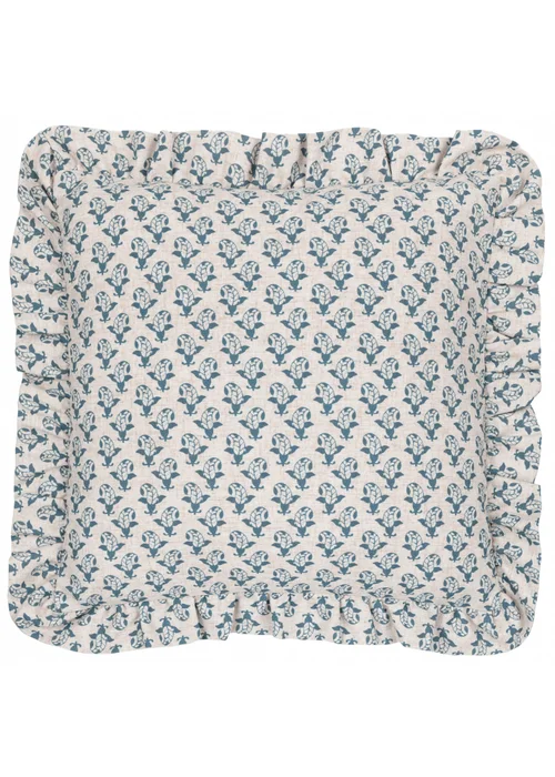 Furn Lulah Block Printed Ruffle Blue Cushion (45 x 45 x 8 cm) - One Size Image 2