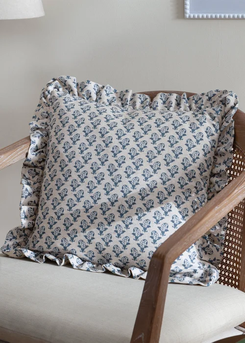 Furn Lulah Block Printed Ruffle Blue Cushion (45 x 45 x 8 cm) - One Size Image 1