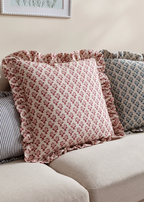 Furn Lulah Block Printed Ruffle Red Cushion (45 x 45 x 8 cm) - One Size Image 6