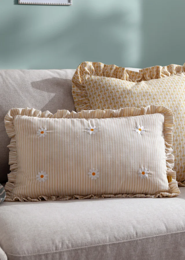 Furn Les Fleurs Embroidered Ruffle Yellow Cushion (30 x 50 x 8 cm)