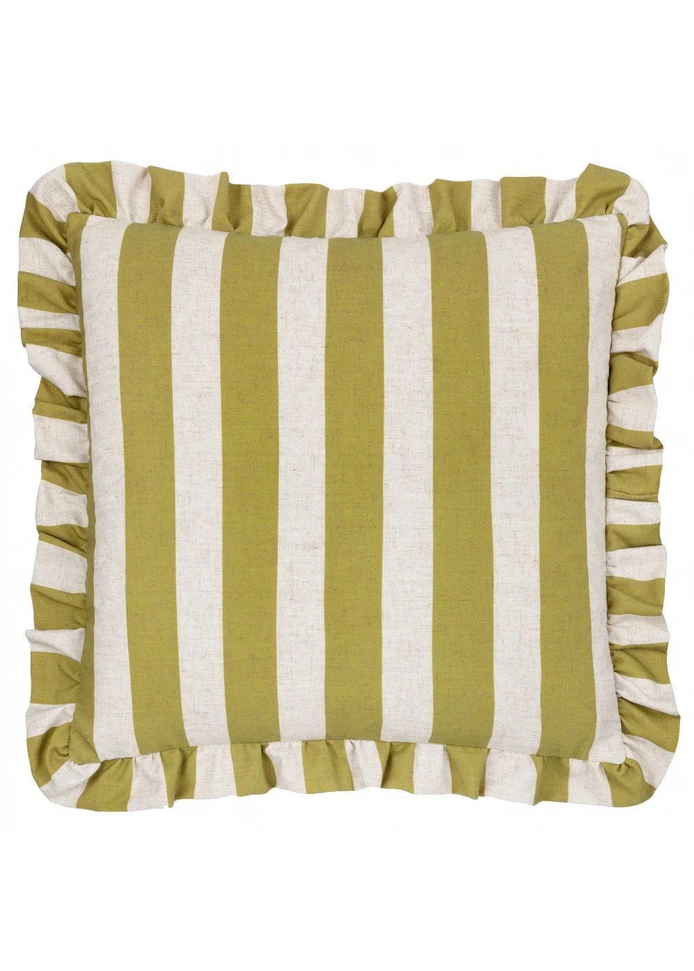 Furn Linen Stripe Printed Ruffle Olive Cushion (50 x 50 x 8 cm) - One Size Image 2