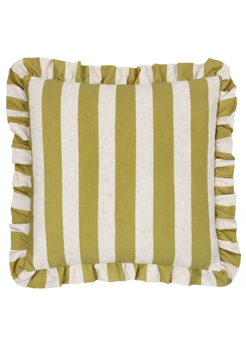 Furn Linen Stripe Printed Ruffle Olive Cushion (50 x 50 x 8 cm) - One Size Image 2