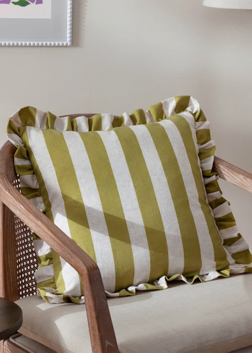 Furn Linen Stripe Printed Ruffle Olive Cushion (50 x 50 x 8 cm) - One Size Image 1