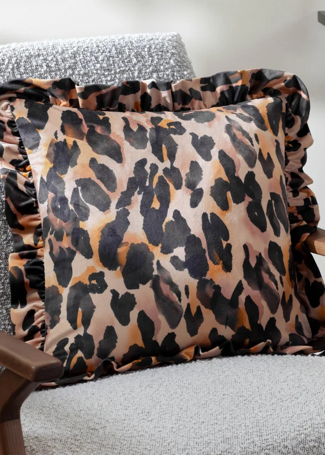 Furn Leopard Ruffle Printed Velvet Ruffle Multi Cushion (45 x 45 x 8 cm)