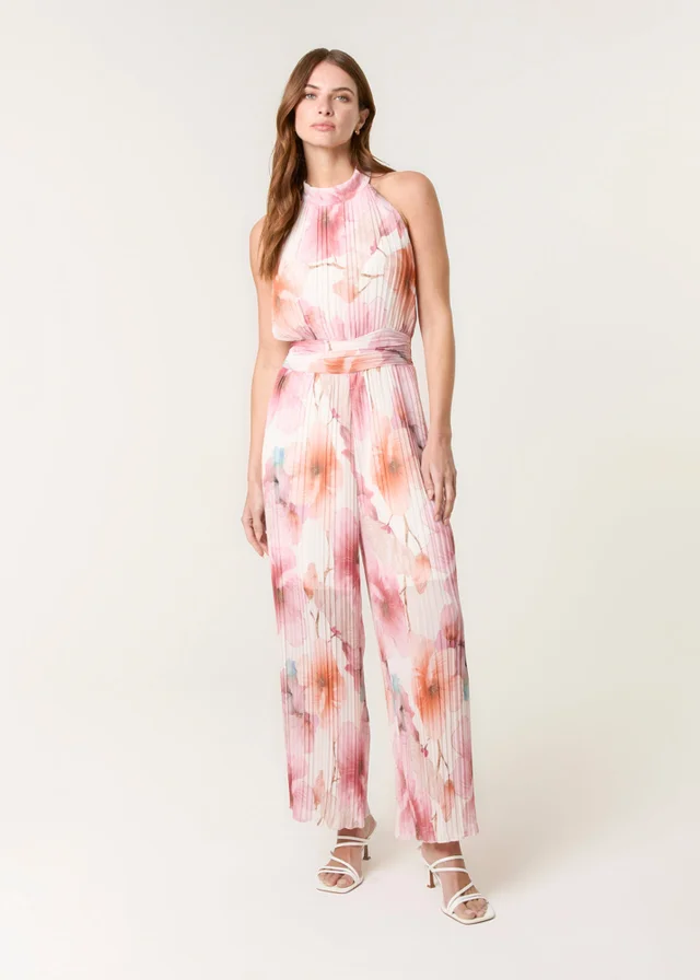 Blue Vanilla Pink Pleated Halter Neck Floral Jumpsuit