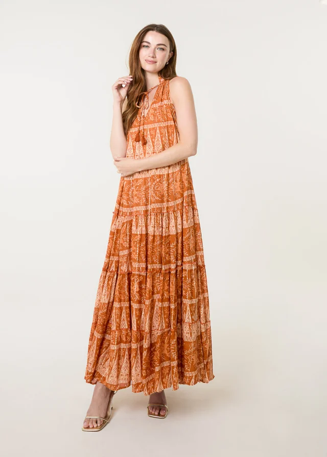 Blue Vanilla Red Tie Neck Maxi Dress