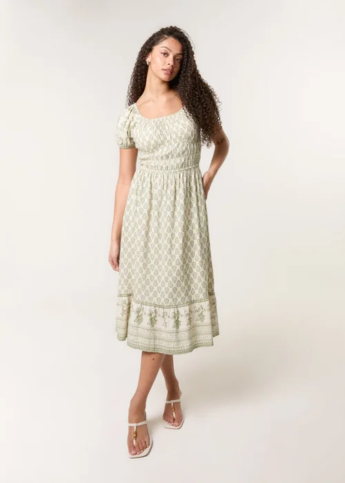 Blue Vanilla Green Border Print Puff Sleeve Midi Dress - L Image 1