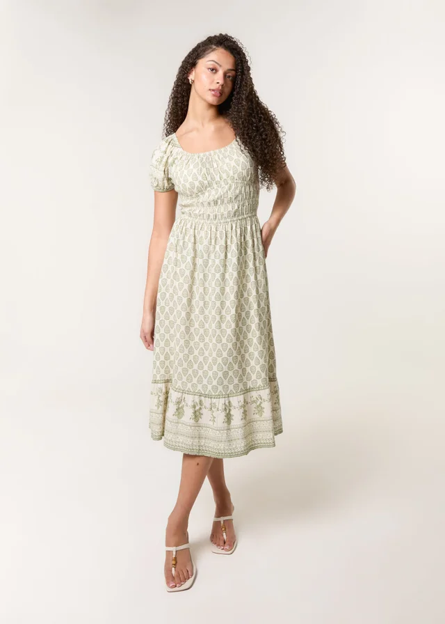 Blue Vanilla Green Border Print Puff Sleeve Midi Dress